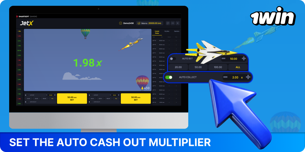 Set the auto-cashout multiplier to automatically cash out your winnings in JetX 1win