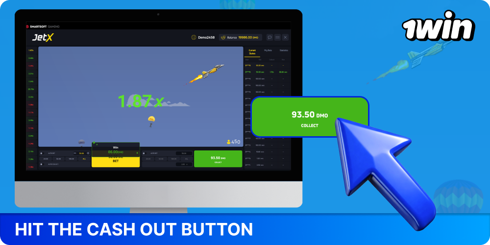Click the Collect button to cash out your winnings in JetX 1win