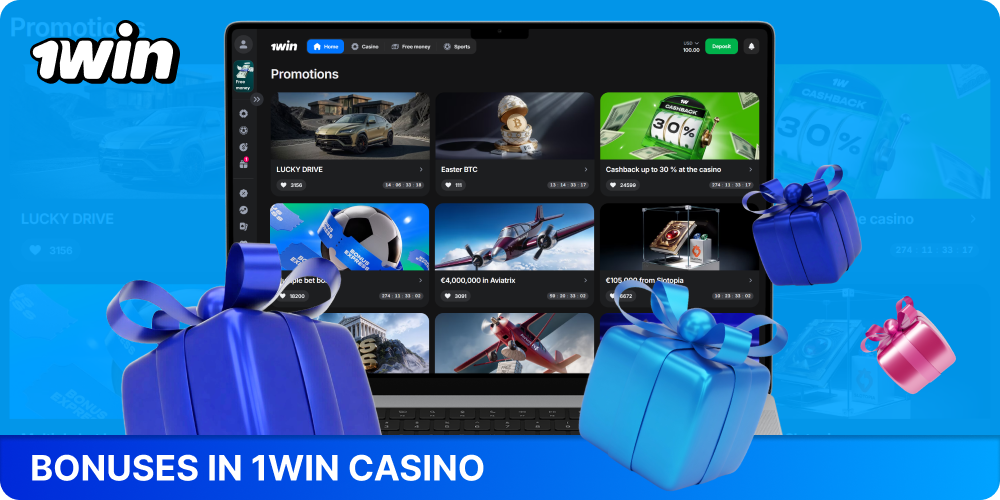 1win Casino offers deposit bonuses, cashback, and free spins