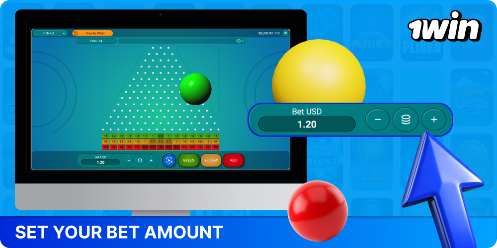 Set your bet amount, select a risk level, and place your bet in Plinko on 1win
