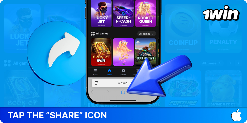 Tap the Share”icon at the bottom of the screen to download the 1win app for iOS