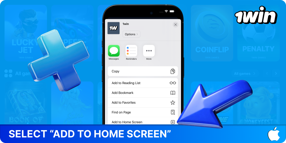 Select Add to Home Screen to install the 1win app for iOS