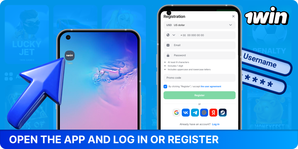 Open the 1win app and start playing at the casino after creating an account