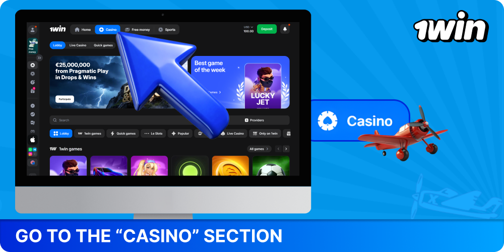 Go to the Casino section to start playing Aviator on 1win