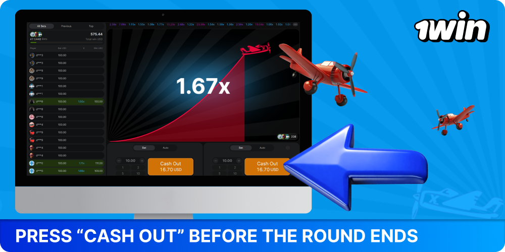 Click Cash Out before the end of the round to win in Aviator