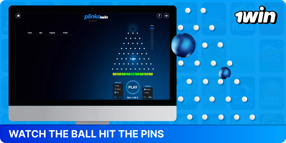 Watch the ball move through the game Plinko 1win