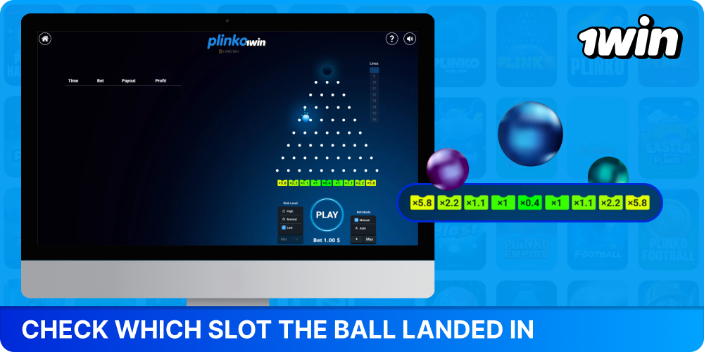Check which cell the Plinko 1win ball landed in and the size of your winnings