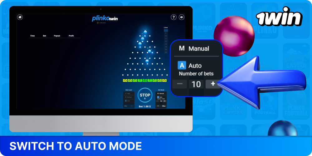 Switch to automatic mode if you want to launch several balls in a row in Plinko 1win game