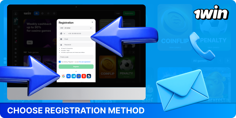 Select a registration method to create a 1win account