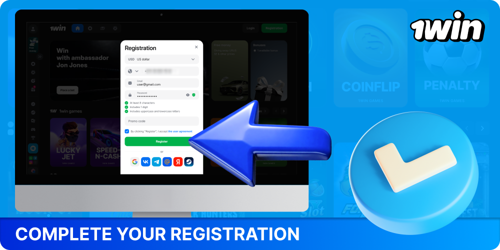 Complete the account creation process on 1win to start placing bets and playing at the casino